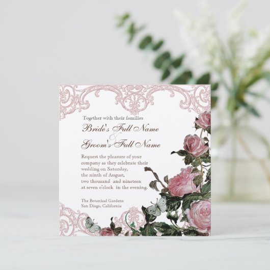 Trouwuitnodiging Parelmoer - Trellis Roos Vintage Kaart (Staand voorkant)