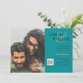Trouwuitnodiging QR Code Zee Glas Foto Bewaar Datu Kaart (Staand voorkant)