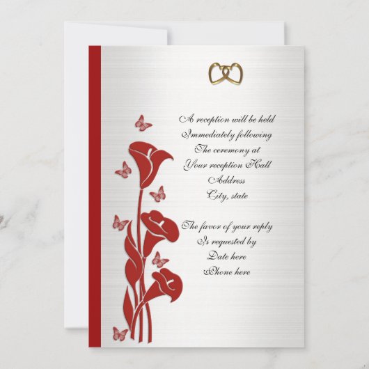 Trouwuitnodiging rode calla lelie en vlinders kaart (Achterkant)