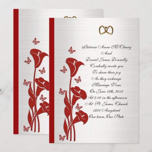 Trouwuitnodiging rode calla lelie en vlinders kaart (Voorkant / Achterkant)