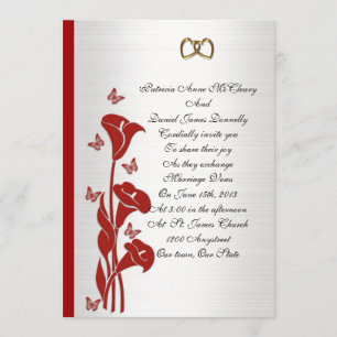 Trouwuitnodiging rode calla lelie en vlinders kaart