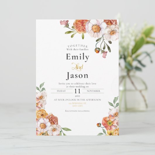 Trouwuitnodiging romantische bloemenoogst kaart (Staand voorkant)