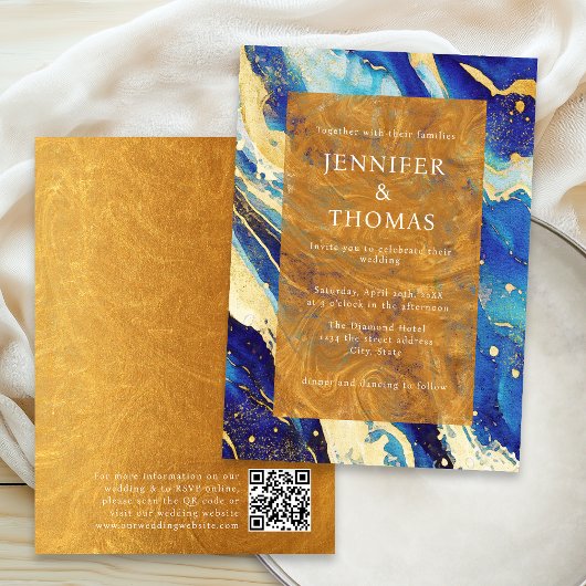 Trouwuitnodiging Royal Blue Goud Met QR Code Kaart