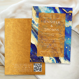 Trouwuitnodiging Royal Blue met Goud en QR-code Kaart
