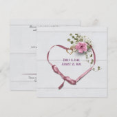 trouwuitnodiging roze linthart met ringen kaart (Voorkant / Achterkant)