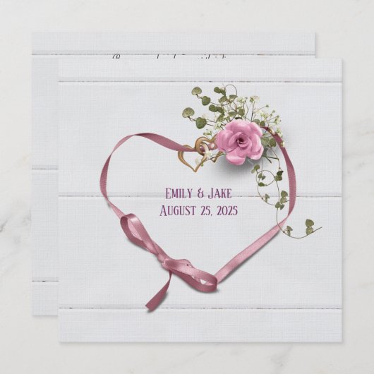 trouwuitnodiging roze linthart met ringen kaart (Voorkant / Achterkant)