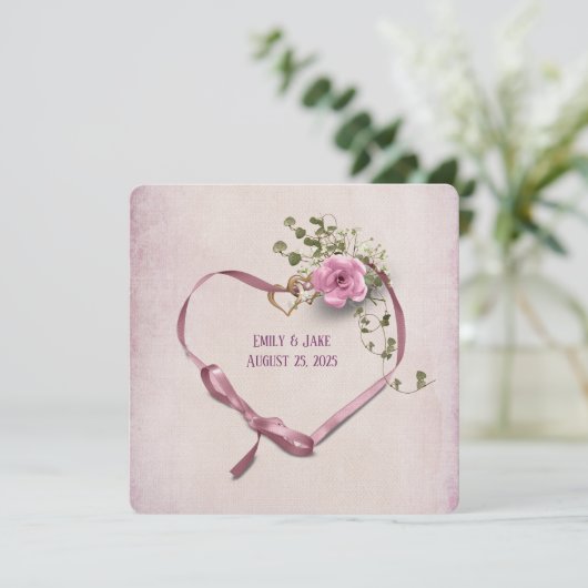 trouwuitnodiging roze linthart met ringen kaart (Staand voorkant)