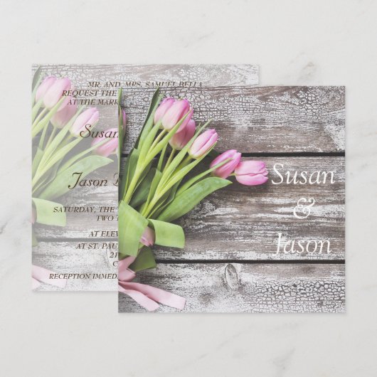 Trouwuitnodiging - Roze Tulpen & Hout Kaart (Voorkant / Achterkant)