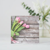 Trouwuitnodiging - Roze Tulpen & Hout Kaart (Staand voorkant)