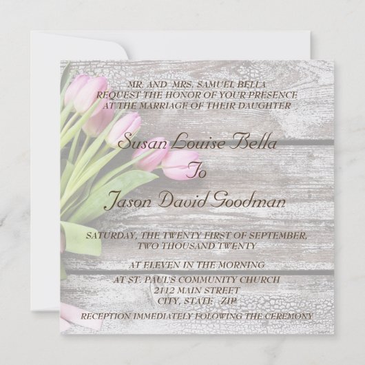 Trouwuitnodiging - Roze Tulpen & Hout Kaart (Achterkant)
