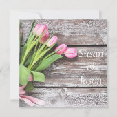 Trouwuitnodiging - Roze Tulpen & Hout Kaart (Voorkant)