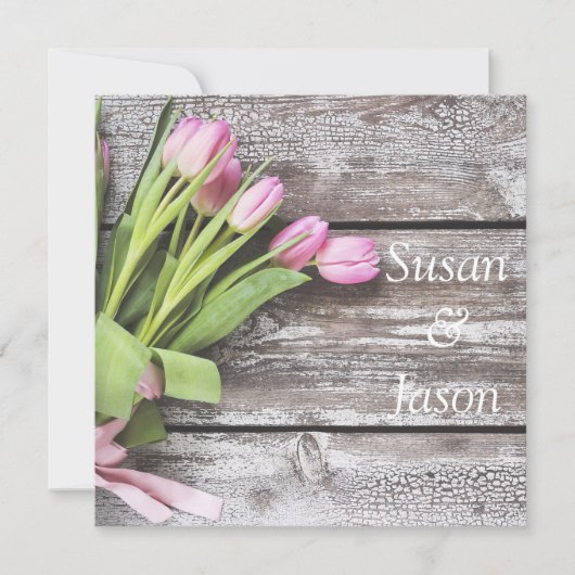 Trouwuitnodiging - Roze Tulpen & Hout Kaart (Voorkant)
