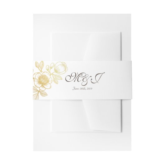 Trouwuitnodiging tailleband met gouden bloemen uitnodigingen wikkel (Voorkant Voorbeeld)