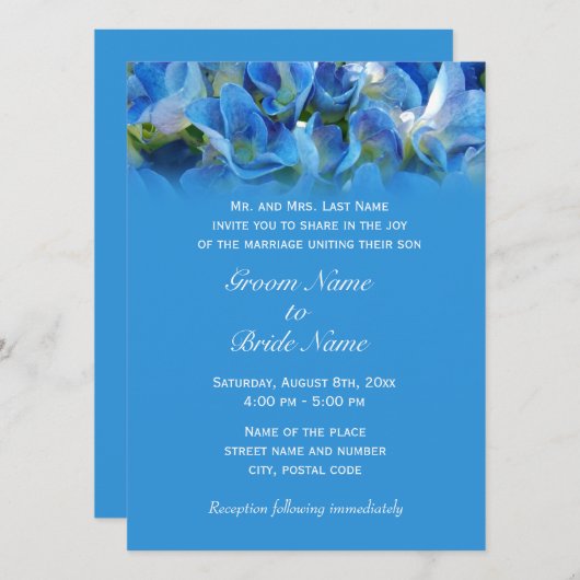 trouwuitnodiging van de ouders van groom , blauw kaart (Voorkant / Achterkant)