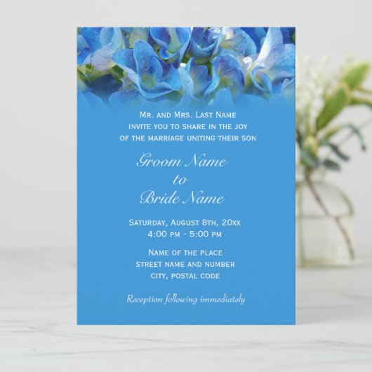 trouwuitnodiging van de ouders van groom , blauw kaart (Staand voorkant)