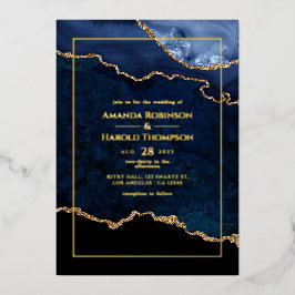 Trouwuitnodiging van Navy Blauw en Goud Agaat Foli Folie Uitnodiging