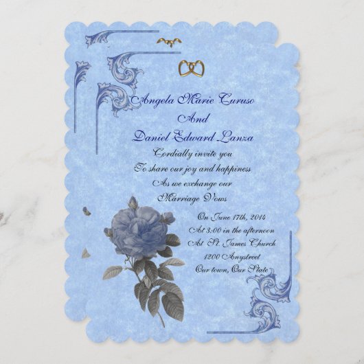 Trouwuitnodiging vintage blauwe roos kaart (Voorkant / Achterkant)