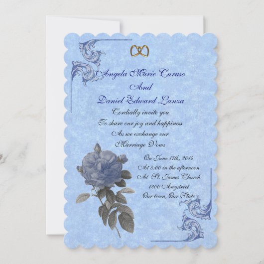 Trouwuitnodiging vintage blauwe roos kaart (Voorkant)