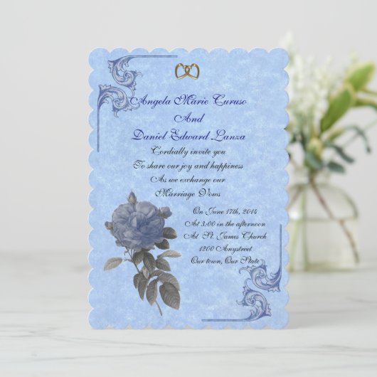 Trouwuitnodiging vintage blauwe roos kaart (Staand voorkant)