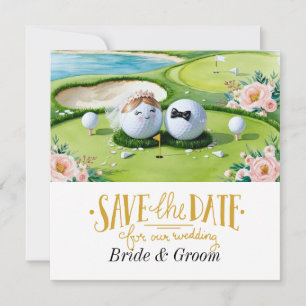 Trouwuitnodiging voor golfer met golfbal op green save the date