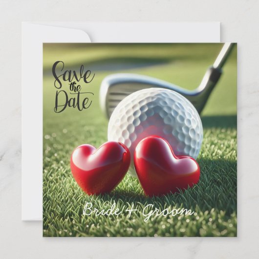 Trouwuitnodiging voor golfer met golfbal op green save the date (Voorkant)