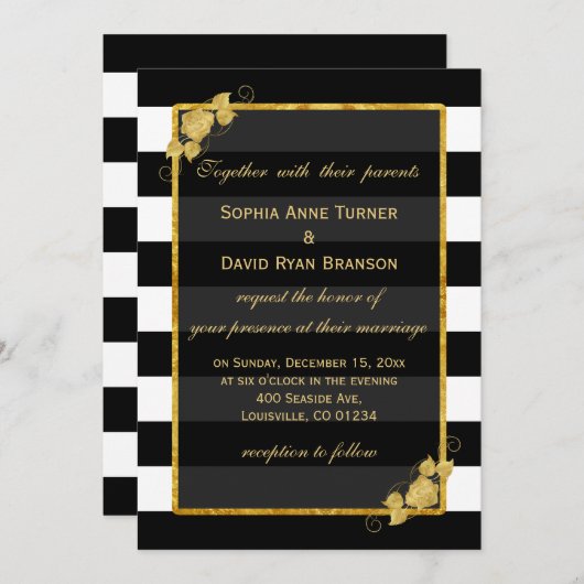 Trouwuitnodigingen | Goud Folie Zwarte Strepen Kaart (Voorkant / Achterkant)