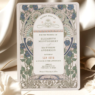 Trouwuitnodigingen in Navyblauw Art Nouveau Mucha Kaart