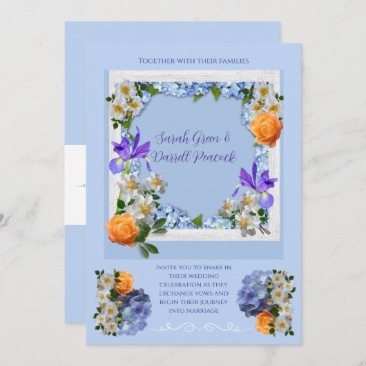 Trouwuitnodigingen met blauwe bloemmotief kaart (Voorkant / Achterkant)