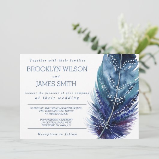 Trouwuitnodigingen met Blauwe Veer Kaart (Staand voorkant)