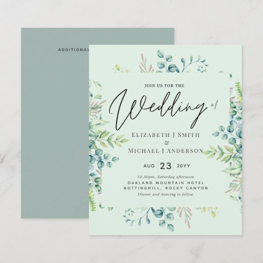Trouwuitnodigingen met botanische eucalyptusblader (Voorkant / Achterkant)