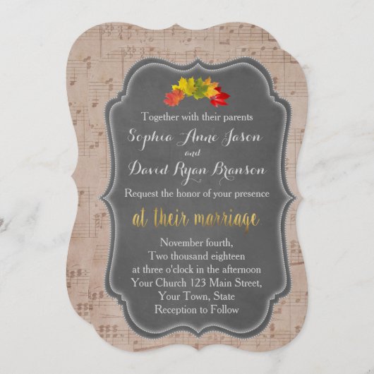 Trouwuitnodigingen met romantisch herfst-muzieksch kaart (Voorkant / Achterkant)