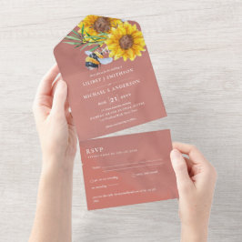 Trouwuitnodigingen met RSVP Rustieke Zonnebloemen  All In One Uitnodiging