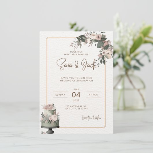 Trouwuitnodigingen met saliegroene en roze bloemmo save the date (Staand voorkant)