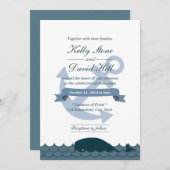 Trouwuitnodigingen met scheepsanker en blauwe walv kaart (Voorkant / Achterkant)