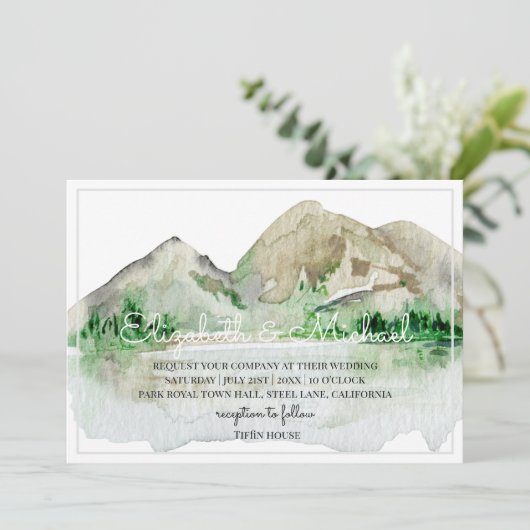 Trouwuitnodigingen met waterverf bergmeer kaart (Staand voorkant)