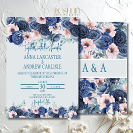 Trouwuitnodigingen met waterverf in navy en blush kaart