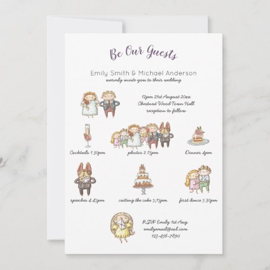 Trouwuitnodigingen met Whimsical Animal Timeline Kaart (Voorkant)