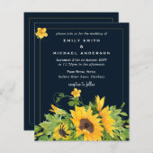 Trouwuitnodigingen met zonnebloemen in marineblauw (Voorkant / Achterkant)