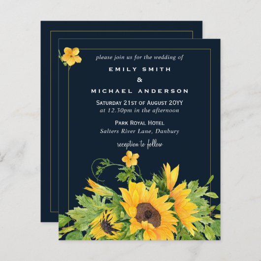 Trouwuitnodigingen met zonnebloemen in marineblauw (Voorkant / Achterkant)