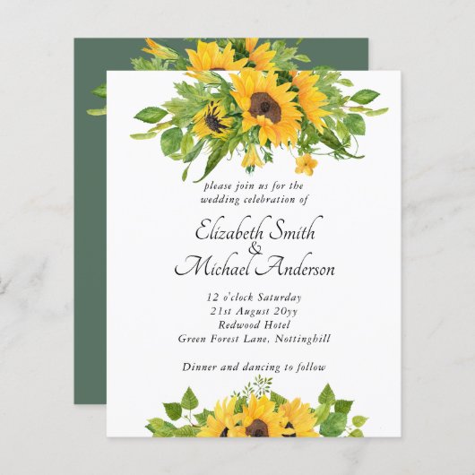 Trouwuitnodigingen met zonnebloemen voor een beper (Voorkant / Achterkant)