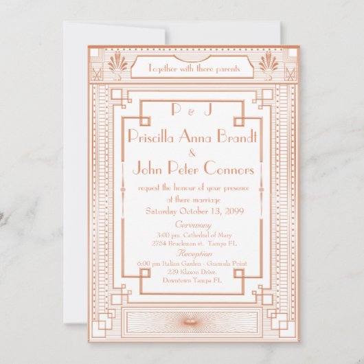 Trouwuitnodigingskaart, Art Deco, wit, roze goud Kaart (Voorkant)