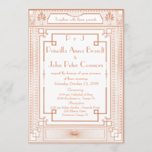 Trouwuitnodigingskaart, Art Deco, wit, roze goud Kaart