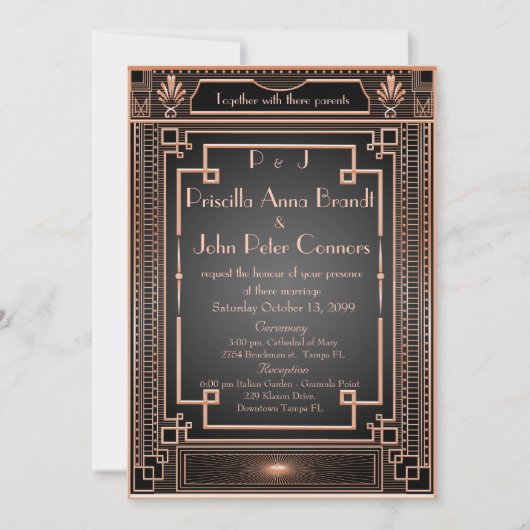 Trouwuitnodigingskaart, Art Deco, zwart, roze goud Kaart (Voorkant)