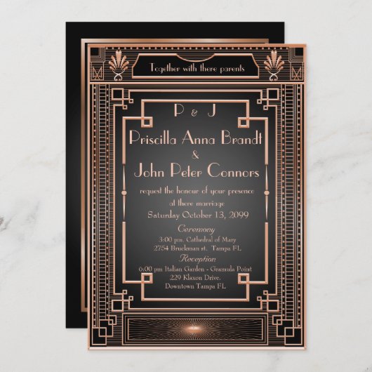 Trouwuitnodigingskaart, Art Deco, zwart, roze goud Kaart (Voorkant / Achterkant)