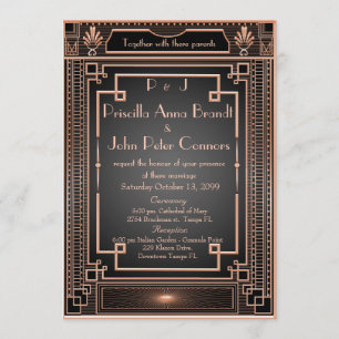 Trouwuitnodigingskaart, Art Deco, zwart, roze goud Kaart