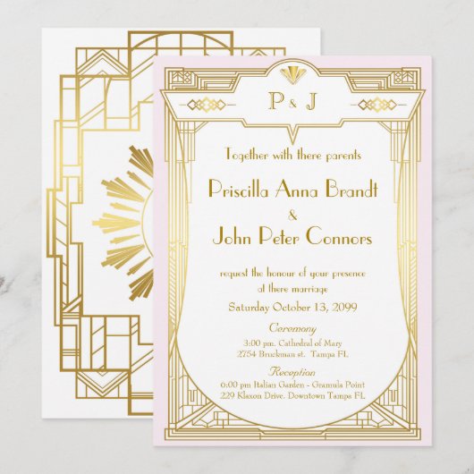 Trouwuitnodigingskaart, Great Gatsby, goud roze Kaart (Voorkant / Achterkant)