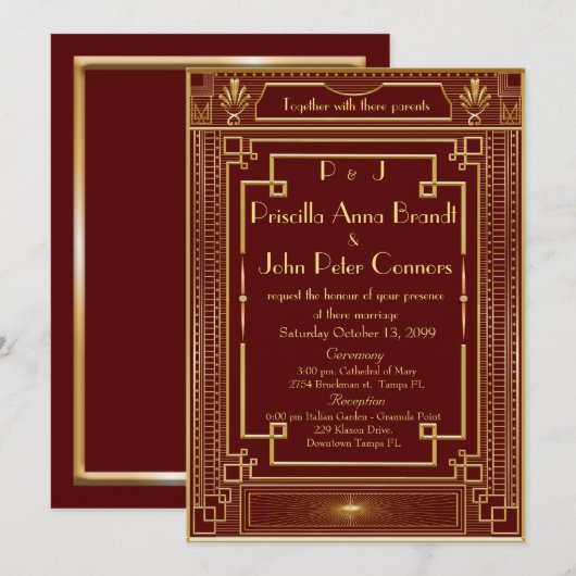 Trouwuitnodigingskaart, Great Gatsby, ROOD, goud Kaart (Voorkant / Achterkant)
