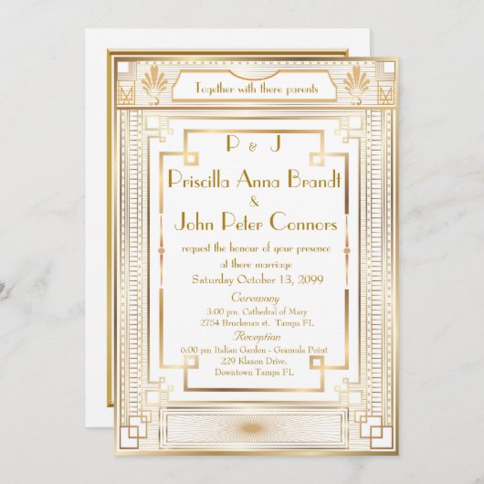 Trouwuitnodigingskaart, Great Gatsby, wit, goud Kaart (Voorkant / Achterkant)