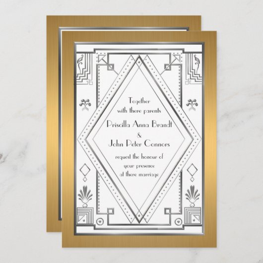 Trouwuitnodigingskaart, Great Gatsby, zilver, goud Kaart (Voorkant / Achterkant)