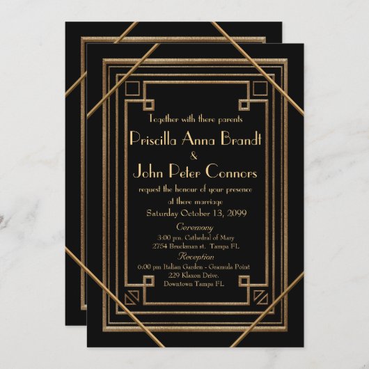 Trouwuitnodigingskaart, Great Gatsby, zwart Kaart (Voorkant / Achterkant)